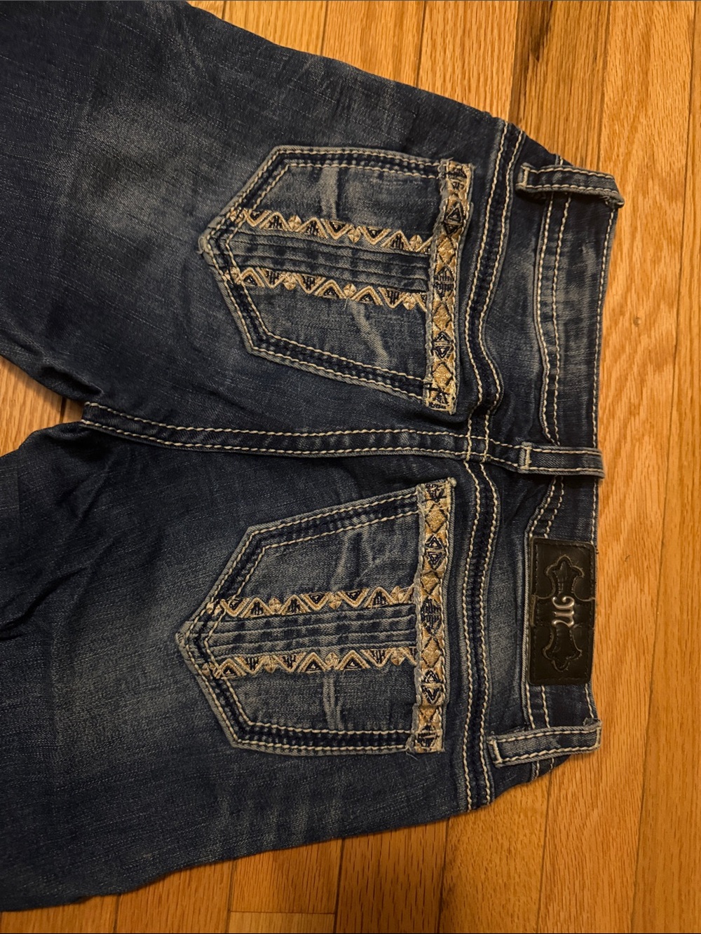 Miss Me Dark Blue Bootcut Jeans with Faded Whiskering
